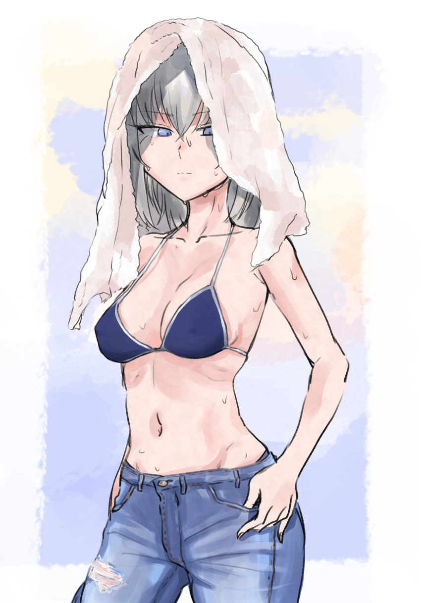 1girl bangs bikini blue_bikini blue_eyes blue_pants casual closed_mouth collarbone commentary cowboy_shot denim eyebrows_visible_through_hair frown girls_und_panzer half-closed_eyes hands_in_pockets highres itsumi_erika jeans long_hair looking_at_viewer navel no_shirt pants silver_hair solo standing sweat swimsuit toku_(yhpv8752) torn_clothes torn_jeans torn_pants towel towel_on_head