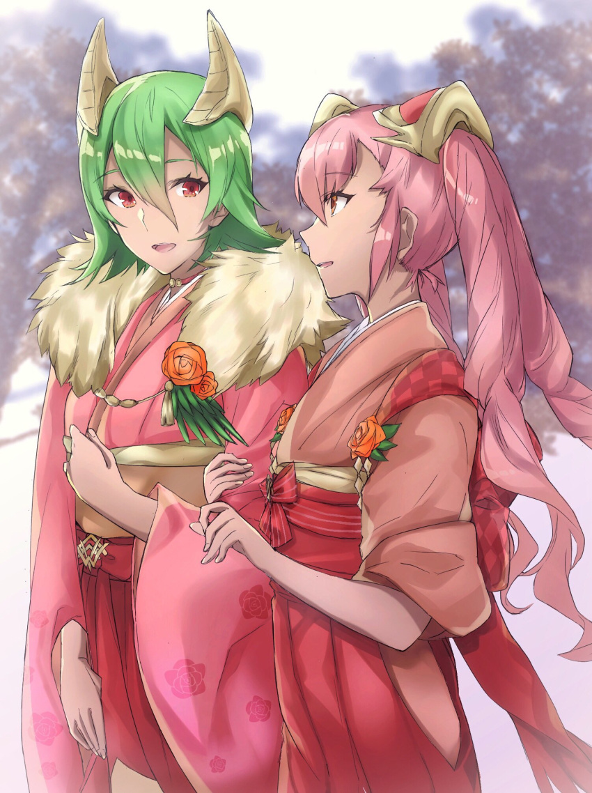 2girls aiueo1234853 dark_skin fire_emblem fire_emblem_heroes floral_print flower from_side fur_trim green_hair hair_ornament highres japanese_clothes kimono laegjarn_(fire_emblem_heroes) laevateinn_(fire_emblem_heroes) long_hair long_sleeves multiple_girls nintendo parted_lips pink_hair short_sleeves siblings sisters twintails wide_sleeves