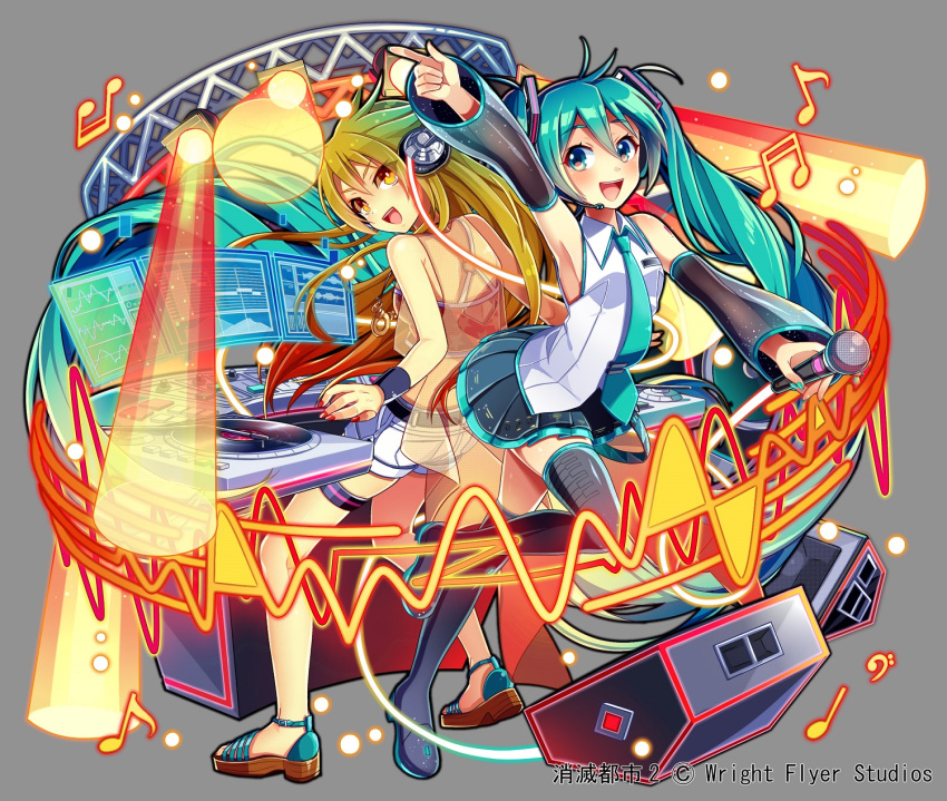 2girls :d absurdly_long_hair ahoge ankle_strap aqua_eyes aqua_nails back-to-back black_footwear black_skirt blonde_hair blush boots collared_shirt crop_top detached_sleeves dj gradient_hair green_hair grey_background hair_between_eyes hatsune_miku hatsune_miku_(vocaloid3) headset highres holding holding_microphone jewelry long_hair microphone monitor multicolored_hair multiple_girls musical_note nail_polish necklace necktie nou official_art open_mouth orange_eyes phonograph pleated_skirt pointing red_nails sandals see-through_sleeves shirt short_shorts shorts shoumetsu_toshi_2 skirt smile speaker stage_lights thigh-highs thigh_boots tie_clip transparent_jacket turntable twintails very_long_hair vocaloid watermark waveform white_shirt white_shorts wristband
