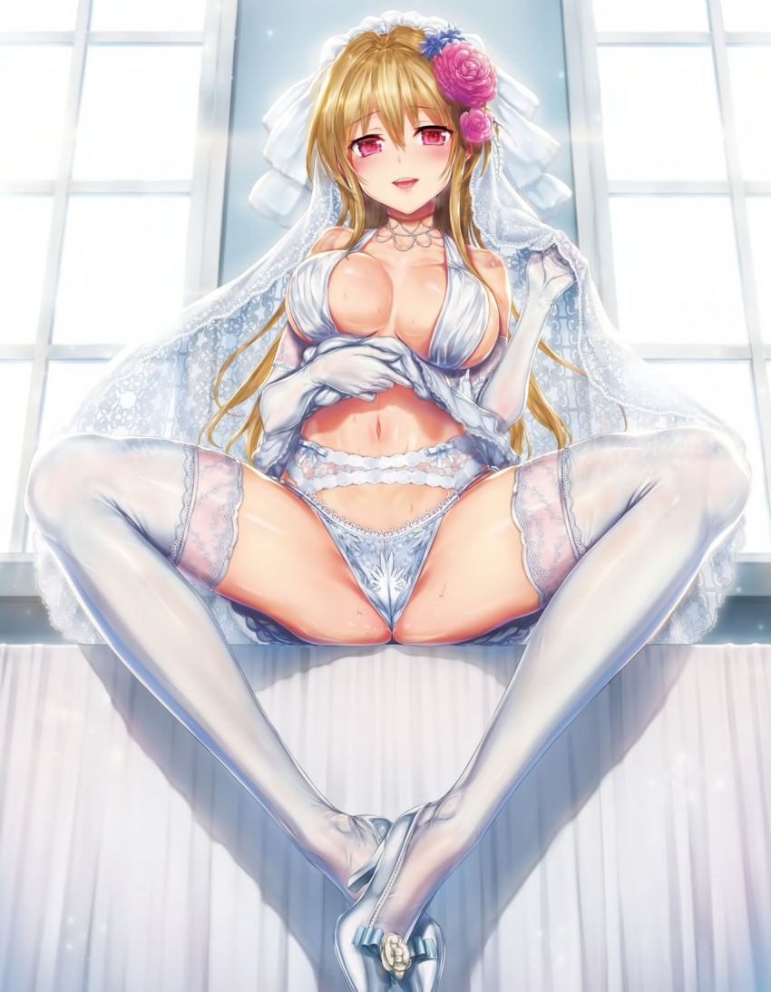 1girl blonde_hair blush breasts breasts_apart bridal_gauntlets bridal_veil dress elbow_gloves erect_nipples eyebrows_visible_through_hair flower gloves groin hair_flower hair_ornament highres hisasi large_breasts legs_apart lifted_by_self long_hair looking_at_viewer navel no_bra open_clothes open_mouth panties red_eyes smile solo thigh-highs twintails underwear veil wedding_dress white_dress white_legwear window