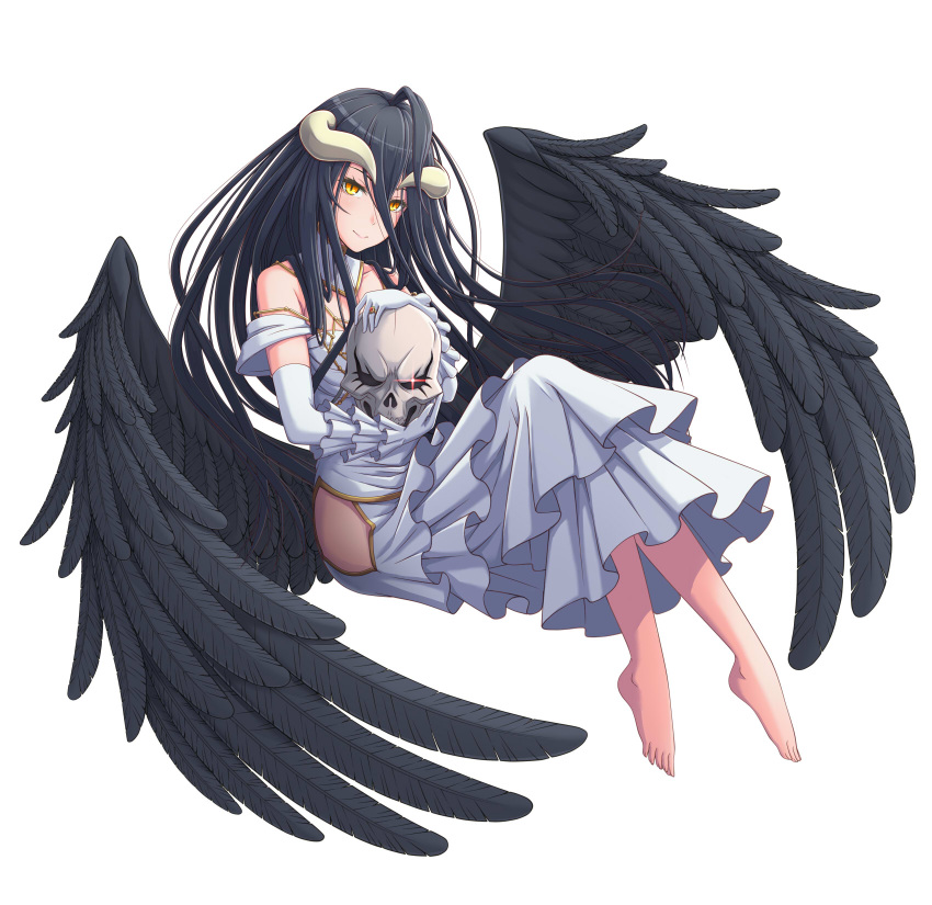 1girl ahoge ainz_ooal_gown albedo ass_wings bare_hips barefoot black_hair black_wings choker collarbone dress elbow_gloves feathered_wings floating_hair full_body gloves highres holding_skull horns invisible_chair jewelry layered_dress long_dress long_hair looking_at_viewer overlord_(maruyama) ring simple_background sitting sleeveless sleeveless_dress slit_pupils smile solo very_long_hair white_background white_dress white_gloves wings yellow_eyes yoruusagi