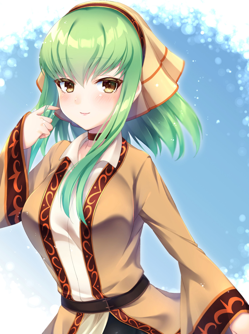 1girl alternate_costume amane_(230075) bangs belt blush breasts brown_jacket c.c. choker closed_mouth code_geass code_geass:_fukkatsu_no_lelouch commentary_request eyebrows_visible_through_hair green_hair hand_up highres jacket large_breasts long_hair looking_at_viewer red_choker shirt sidelocks simple_background smile solo upper_body white_shirt yellow_eyes