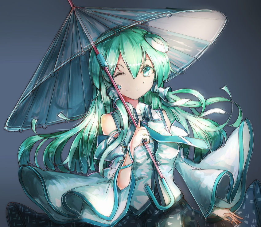 1girl bare_shoulders blue_skirt breasts detached_sleeves frog_hair_ornament gray_background green_eyes green_hair hair_tube kochiya_sanae liu_fx long_hair polka_dots skirt snake_hair_ornament star touhou umbrella vest wink