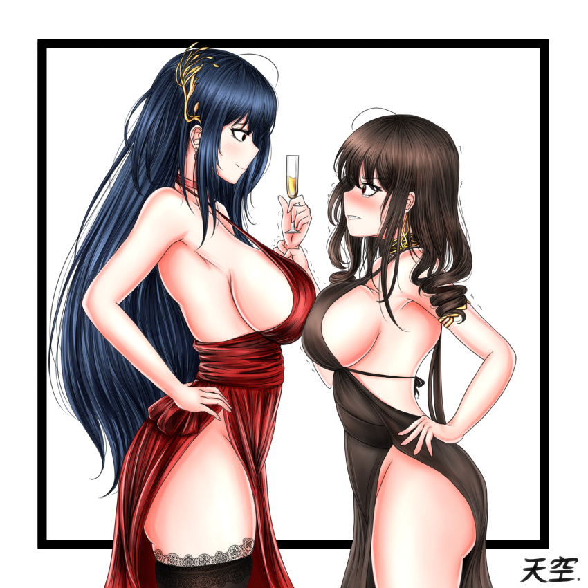 2girls ahoge alcohol alternate_costume alternate_hairstyle ass azur_lane bangs bare_shoulders black_dress black_hair blunt_bangs blush breast_contest breast_press breasts brown_hair champagne champagne_flute choker closed_mouth cocktail_dress cup curly_hair dress drinking_glass dsr-50_(girls_frontline) earrings eyebrows_visible_through_hair girls_frontline groin hair_between_eyes hair_ornament hand_on_hip highres holding_another's_arm jewelry lace-trimmed_legwear large_breasts long_hair looking_at_another multiple_girls outside_border red_dress red_eyes sideboob sidelocks skindentation smile symmetrical_docking taihou_(azur_lane) tearing_up thigh-highs thighs tiankong trembling very_long_hair