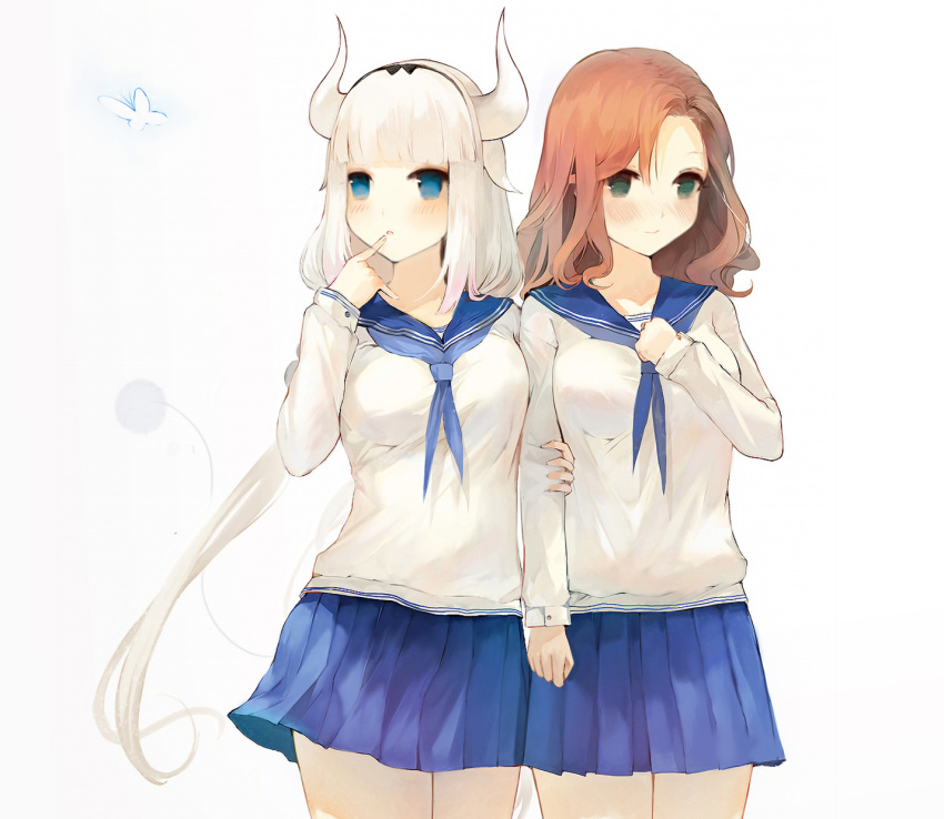 2girls blue_butterfly blue_eyes blue_skirt blush breasts brown_hair clenched_hand closed_mouth commentary_request dragon_horns finger_to_mouth green_eyes highres horns kanna_kamui kobayashi-san_chi_no_maidragon long_hair long_sleeves low_twintails medium_breasts muike multiple_girls neckerchief older parted_lips pleated_skirt saikawa_riko school_uniform serafuku shirt skirt smile tail twintails very_long_hair white_background white_hair white_shirt