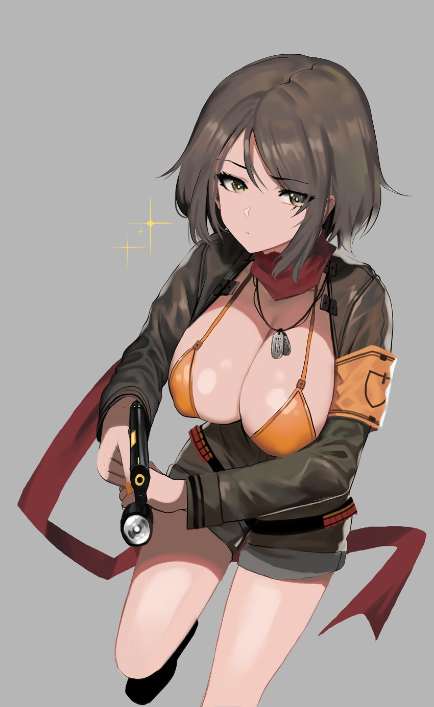 1girl absurdres ammunition_belt armband bangs belt black_footwear breasts brown_hair brown_jacket cleavage closed_mouth collarbone commentary_request dog_tags eyebrows_visible_through_hair flashlight glint green_eyes grey_background halter_top halterneck highres holding ihobus jacket large_breasts leg_up long_sleeves looking_at_viewer open_clothes open_jacket orange_bikini_top original red_scarf scarf shoes short_hair short_shorts shorts sidelocks simple_background solo taser thighs