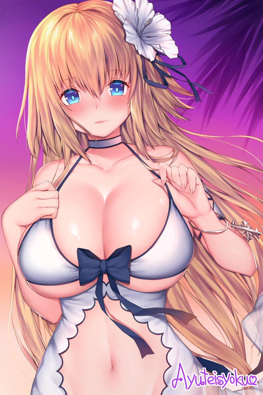 1girl absurdres blonde_hair blue_eyes blush bracelet breasts choker cleavage collarbone fanbox_reward fate/grand_order fate_(series) flower gradient gradient_background hair_flower hair_ornament highres jeanne_d'arc_(fate) jeanne_d'arc_(fate)_(all) jewelry large_breasts long_hair looking_at_viewer navel paid_reward palm_tree smile solo strap_pull tree twitter_username xayux