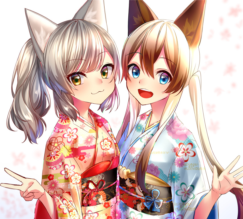 2girls :3 :d animal_ear_fluff animal_ears bangs blonde_hair blue_eyes blue_kimono blurry cat_ears closed_mouth commentary_request eyebrows_visible_through_hair floral_background floral_print hair_between_eyes hand_up head_tilt highres japanese_clothes kimono long_hair looking_at_viewer multiple_girls obi open_mouth orange_kimono original print_kimono rukinya_(nyanko_mogumogu) sash sidelocks silver_hair smile twintails upper_body upper_teeth v white_background yellow_eyes