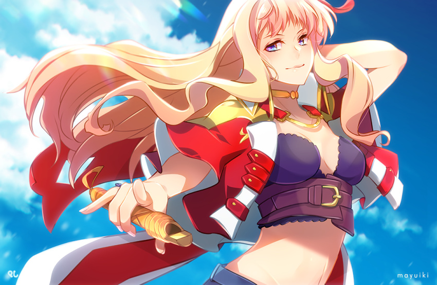 1girl blonde_hair blue_eyes blue_sky breasts choker cleavage clouds crop_top day floating_hair hair_ribbon hand_in_hair holding index_finger_raised long_hair looking_at_viewer macross macross_frontier medium_breasts midriff muki_(mayuiki) navel outdoors red_ribbon ribbon sheryl_nome sky smile solo stomach sunlight very_long_hair
