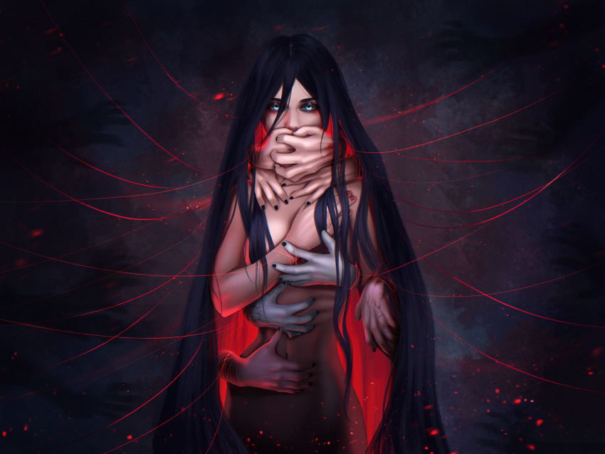 1girl black_hair black_nails blue_eyes commentary covered_mouth deep_skin disembodied_limb english_commentary expressionless fingernails grey_skin hand_on_own_chest highres horror_(theme) long_hair looking_at_viewer nail_polish navel nude olga_narhova original pink_nails solo very_long_hair