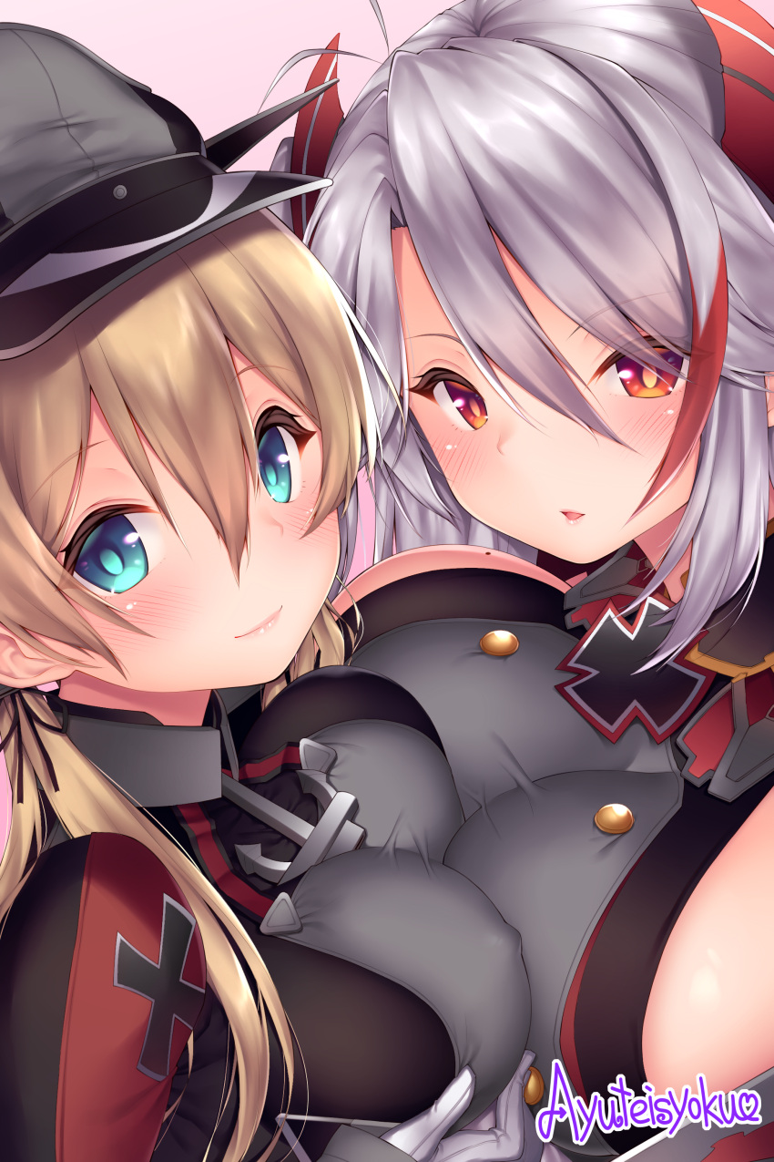 2girls absurdres anchor antenna_hair aqua_eyes azur_lane bangs black_ribbon blonde_hair blush breast_press breasts buttons eyebrows_visible_through_hair fanbox_reward gloves hair_between_eyes hair_ornament hat highlights highres iron_cross kantai_collection large_breasts long_hair long_sleeves looking_at_viewer low_twintails military military_hat military_uniform mole mole_on_breast multicolored_hair multiple_girls paid_reward peaked_cap prinz_eugen_(azur_lane) prinz_eugen_(kantai_collection) ribbon sideboob silver_hair simple_background swept_bangs symmetrical_docking twintails two_side_up uniform white_gloves xayux