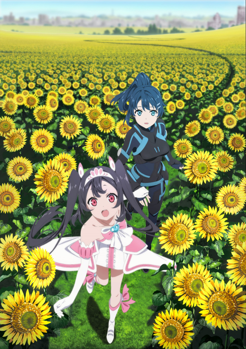 2girls :o absurdres ascot bare_shoulders black_bodysuit black_footwear black_gloves black_hair blue_bodysuit blue_eyes blue_hair bodysuit boots bow breasts brooch building collarbone commentary_request day dress egao_no_daika elbow_gloves field flower flower_field gloves grass hand_holding heart-shaped_gem highres jewelry key_visual looking_at_viewer lower_teeth medium_breasts mole mole_under_eye multiple_girls nakamura_naoto official_art open_mouth outdoors pilot_suit pink_bow pink_ribbon ponytail ribbon round_teeth running shiny shiny_hair shoe_ribbon short_dress smile stella_shining strapless strapless_dress sunflower teeth tongue tree twintails upper_teeth white_dress white_footwear white_gloves white_neckwear yuuki_soleil