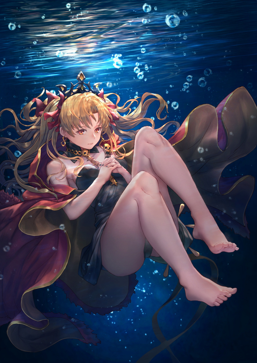 1girl absurdres air_bubble bangs bare_arms bare_legs bare_shoulders barefoot black_dress black_nails black_panties blonde_hair bow breasts bubble cleavage closed_mouth commentary_request detached_collar dress earrings ereshkigal_(fate/grand_order) fate/grand_order fate_(series) feet frown full_body fur_trim hair_bow highres huge_filesize jewelry kazuki_seto long_hair looking_at_viewer medium_breasts nail_polish own_hands_together panties parted_bangs purple_bow red_eyes skull solo spine strapless strapless_dress submerged tiara tohsaka_rin underwater underwear upskirt very_long_hair