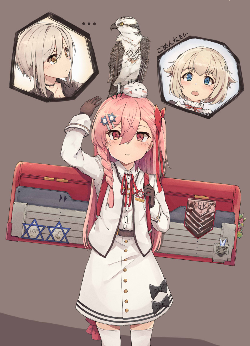 ahokoo alternate_costume animal animal_on_head arm_up ballista_(girls_frontline) bangs bird bird_on_head blazer blush blush_stickers bow bow_dress braid eyebrows_visible_through_hair girls_frontline gloves hair_between_eyes hair_bow hair_ornament hair_ribbon hairclip hexagram highres holding_strap jacket long_hair looking_at_viewer negev_(girls_frontline) on_head one_side_up open_blazer open_clothes open_jacket pink_hair pout red_bow red_eyes ribbon shirt short_hair side_braid skirt sleeve_cuffs star_of_david thigh-highs thigh_ribbon weapon_case white_blazer white_gloves white_legwear white_shirt white_skirt younger
