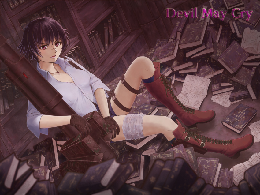 1girl black_hair breasts cleavage commentary_request devil_may_cry devil_may_cry_3 gloves highres jewelry lady_(devil_may_cry) necklace red_eyes scar short_hair solo thigh_strap weapon