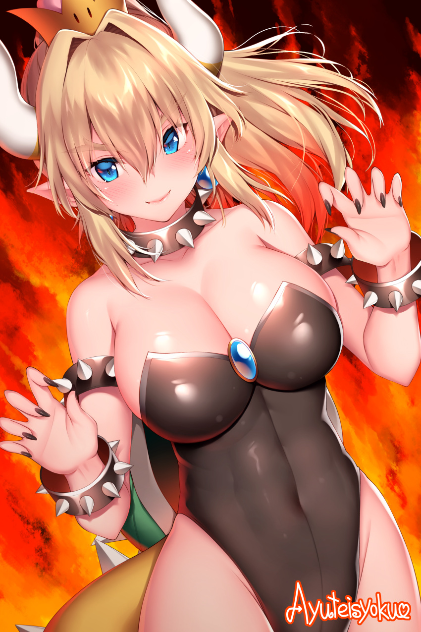 &gt;:) 1girl absurdres adapted_costume armlet artist_name bare_shoulders black_leotard blonde_hair blue_eyes blush bowsette bracelet breasts claw_pose cleavage closed_mouth collar collarbone covered_navel crown dutch_angle earrings fanbox_reward fangs fangs_out fingernails fire gem highleg highleg_leotard highres horns jewelry large_breasts leotard long_fingernails long_hair super_mario_bros. nail_polish new_super_mario_bros._u_deluxe nintendo paid_reward pink_lips pointy_ears ponytail shiny shiny_skin sidelocks smile solo spiked_armlet spiked_bracelet spiked_collar spiked_shell spiked_tail spikes strapless strapless_leotard super_crown tail turtle_shell v-shaped_eyebrows xayux