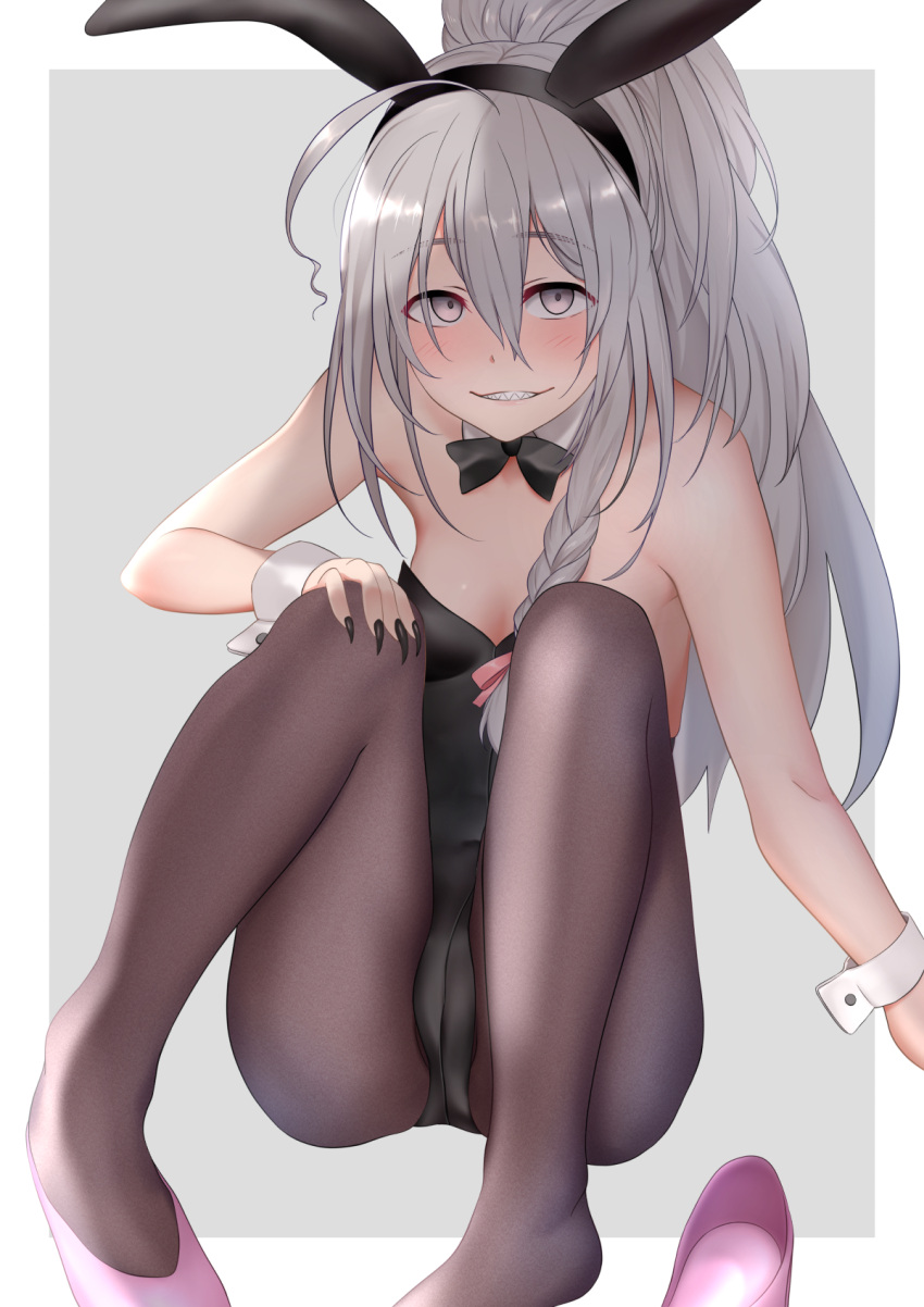 ahoge animal_ears black_legwear bow bowtie braid bunny_day bunny_girl bunnysuit collar cuffs fangs gobi_(sobmobink) grey_eyes grey_hair grin highres hoshi_shouko idolmaster idolmaster_cinderella_girls long_hair pantyhose rabbit_ears smile