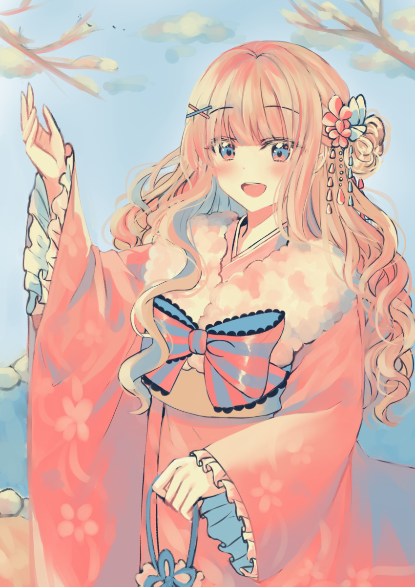 1girl :d bangs blue_eyes blue_flower blue_sky blush clouds commentary_request cowboy_shot eyebrows_visible_through_hair floral_print flower frilled_sleeves frills fur_collar furisode hair_flower hair_ornament hand_up highres holding japanese_clothes kanzashi kimono lace lace-trimmed_ribbon lace_trim long_hair long_sleeves looking_at_viewer mamel_27 obi open_mouth original pink_flower pink_hair pink_kimono print_kimono ribbon sash side_bun sidelocks sky sleeves_past_wrists smile solo standing striped striped_ribbon tree_branch upper_teeth wavy_hair wide_sleeves x_hair_ornament