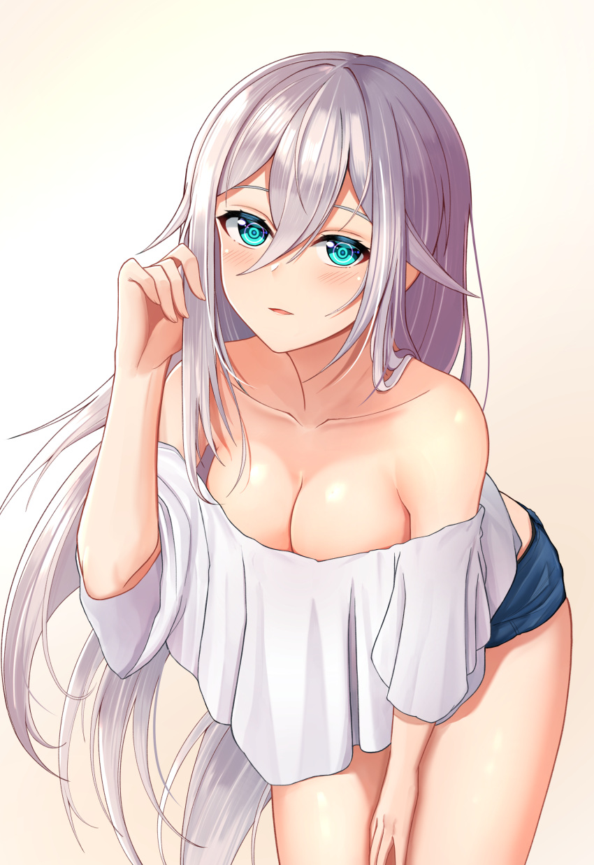 1girl absurdres aircell bangs bare_shoulders blouse blue_eyes blue_shorts blush breasts cecilia_shania cleavage collarbone eyebrows_visible_through_hair gradient gradient_background hair_between_eyes highres honkai_(series) honkai_impact_3 large_breasts lavender_hair leaning_forward long_hair looking_at_viewer odin_(final_fantasy) playing_with_own_hair ringed_eyes short_shorts shorts simple_background smile very_long_hair white_blouse