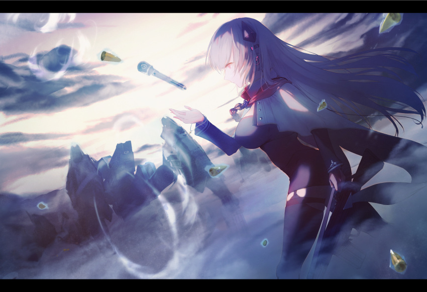 1girl battle_rifle black_legwear breasts bullet closed_mouth commentary_request dutch_angle from_side g3_(girls_frontline) girls_frontline gun h&amp;k_g3 highres large_breasts letterboxed long_sleeves muike outdoors pink_eyes profile rifle silver_hair solo thigh-highs weapon