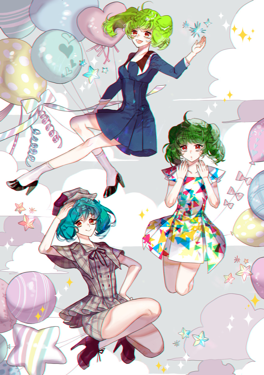 :d :o abstract_background absurdres ahoge alternate_costume alternate_hair_color balloon blue_dress detective dress ga.n gradient_eyes green_hair hand_on_hip hand_on_own_head hand_up hands_up high_heels highres macross macross_frontier multicolored multicolored_eyes multiple_persona open_mouth plaid pleated_dress ranka_lee red_eyes smile