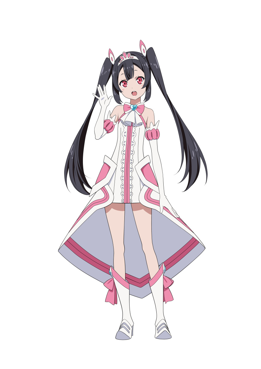 1girl :o absurdres ascot bare_shoulders black_hair blue_brooch blush boots bow bowtie center_frills dress egao_no_daika elbow_gloves frilled_dress frills full_body gloves heart-shaped_gem highres looking_at_viewer nakamura_naoto official_art overskirt pink_eyes pink_neckwear pink_ribbon ribbon round_teeth shiny shiny_hair shoe_ribbon short_dress simple_background skirt sleeveless sleeveless_dress smile solo strapless strapless_dress teeth tiata tongue twintails upper_teeth waving white_background white_dress white_footwear white_frills white_gloves white_neckwear white_skirt yuuki_soleil