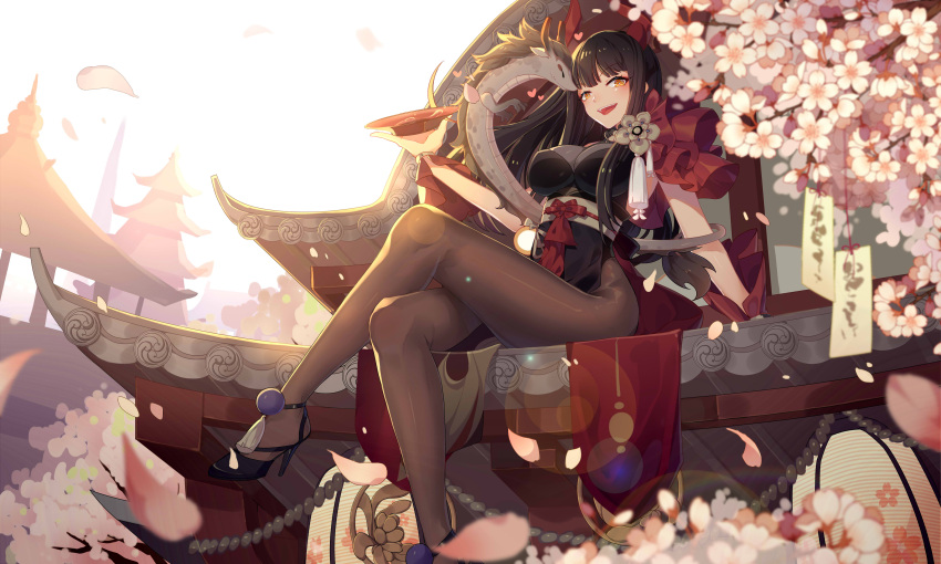 1girl :d absurdres architecture black_footwear blush breasts brown_eyes brown_hair brown_legwear cherry_blossoms cleavage cup day dragon east_asian_architecture eclipse_isle high_heels highres ibex lantern large_breasts legs_crossed long_hair open_mouth outdoors pantyhose paper_lantern petals sakazuki sitting smile tassel very_long_hair white_sky