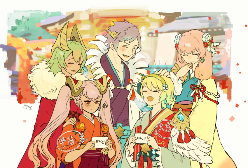 1boy 4girls blonde_hair blue_hair brother_and_sister closed_eyes dark_skin earrings feather_trim fire_emblem fire_emblem_heroes fjorm_(fire_emblem_heroes) flower fur_trim gradient_hair green_hair gunnthra_(fire_emblem) hair_flower hair_ornament hand_on_another's_head hands_on_another's_shoulders hrid_(fire_emblem_heroes) japanese_clothes jewelry kimono laegjarn_(fire_emblem_heroes) laevateinn_(fire_emblem_heroes) long_hair long_sleeves multicolored_hair multiple_girls nintendo obi open_mouth pink_hair red_eyes sasaki_(dkenpisss) sash short_hair short_sleeves siblings silver_hair sisters smile twintails wide_sleeves