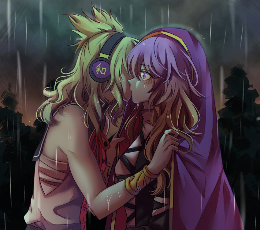 2girls bare_arms bare_shoulders black_dress blonde_hair blush bracelet breasts cape dress earmuffs from_side gradient_hair highres hijiri_byakuren jewelry juliet_sleeves kiss long_hair long_sleeves medium_breasts multicolored_hair multiple_girls neck_ribbon nga_(artist) outdoors pink_shirt pointy_hair profile puffy_sleeves purple_cape purple_hair rain red_neckwear red_ribbon ribbon sailor_collar sarashi shirt sleeveless sleeveless_shirt small_breasts touhou toyosatomimi_no_miko tree upper_body violet_eyes wet yuri