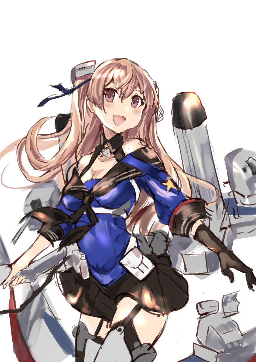 1girl absurdres bare_shoulders black_gloves black_skirt blonde_hair blush breasts collarbone cowboy_shot depth_charge elbow_gloves gloves hair_between_eyes hair_ornament headgear highres johnston_(kantai_collection) kantai_collection long_hair machinery medium_breasts open_mouth orange_eyes pleated_skirt rigging sailor_collar school_uniform simple_background single_elbow_glove skirt smile smokestack solo star tsutsusaku_poyoyo turret twintails us_medal_of_honor white_background