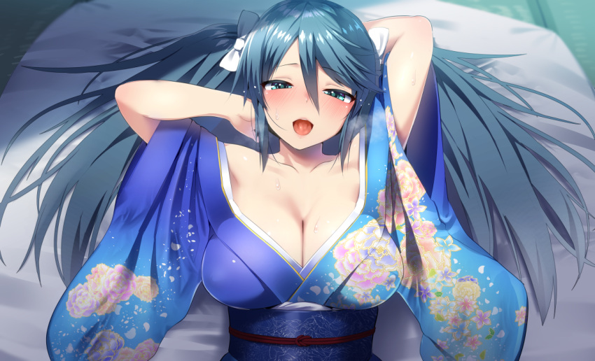 1girl aqua_eyes aqua_hair arm_behind_head arms_up ayagi_daifuku bed_sheet blue_kimono blurry blurry_background blush bow breasts cleavage collarbone hair_between_eyes hair_bow head_tilt indoors isuzu_(kantai_collection) japanese_clothes kantai_collection kimono large_breasts long_hair looking_at_viewer lying obi on_back open_mouth sash smile solo sweat upper_body white_bow