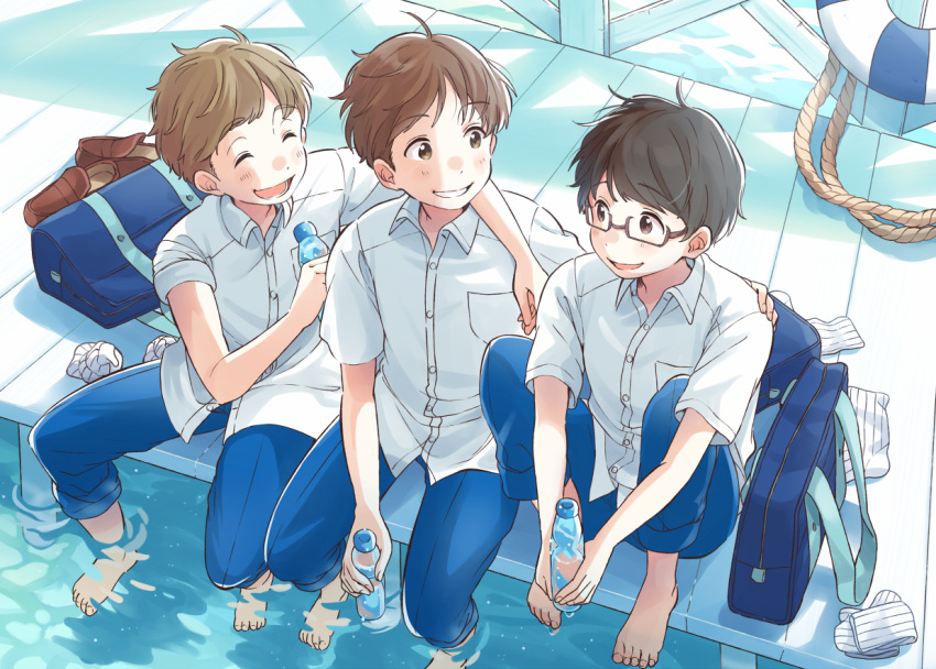 3boys :d ^_^ ahoge arm_around_shoulder bag barefoot black_hair blue_pants breast_pocket brown_eyes brown_footwear brown_hair closed_eyes closed_eyes collared_shirt commentary_request day dock glasses grin holding kana_(okitasougo222) knees_up lifebuoy loafers male_focus multiple_boys open_mouth original outdoors pants pocket ramune rope school_bag school_uniform semi-rimless_eyewear shirt shoes shoes_removed short_sleeves sitting smile soaking_feet socks_removed under-rim_eyewear white_legwear white_shirt