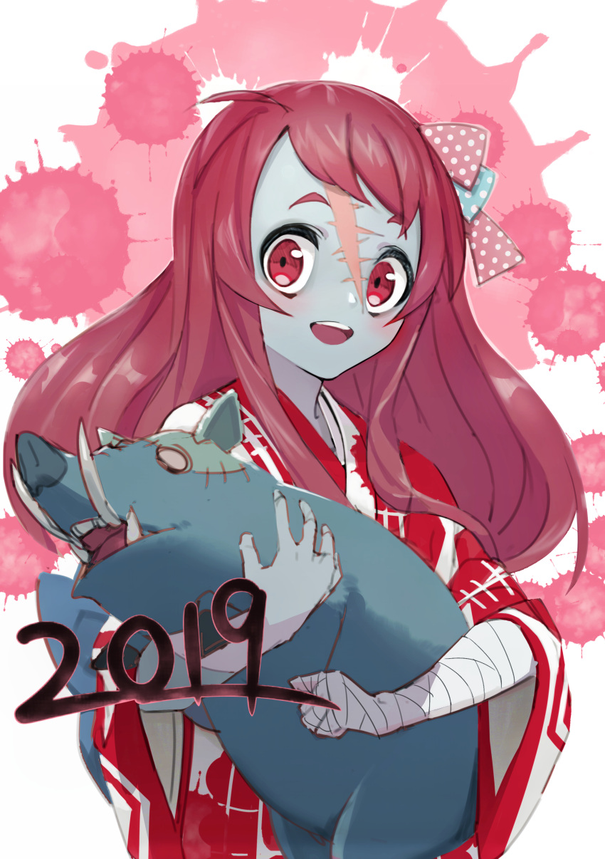 1girl absurdres animal bandage bow forehead_scar hair_bow highres holding holding_animal japanese_clothes kimono long_hair minamoto_sakura number open_mouth pig polka_dot polka_dot_bow red_eyes redhead smile splatter stitches user_drsc3833 zombie zombie_land_saga