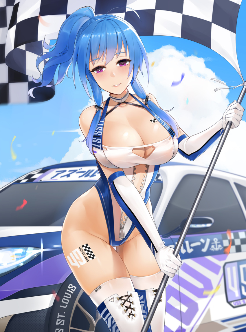 1girl adapted_costume ahoge azur_lane bangs bare_shoulders blue_hair blue_sky blush body_writing boots breasts bright_pupils character_name checkered checkered_flag cleavage clouds collarbone commentary_request cowboy_shot day elbow_gloves eyebrows_visible_through_hair flag glint gloves groin hair_ornament halterneck highleg highleg_leotard highres holding holding_flag large_breasts leotard long_hair looking_at_viewer motion_blur outdoors ponytail racecar racequeen sidelocks sky solo st._louis_(azur_lane) thigh-highs thigh_boots thigh_gap thighhighs_under_boots unzipped violet_eyes white_footwear white_gloves white_legwear white_leotard yueguang_zhanglang zipper zipper_pull_tab