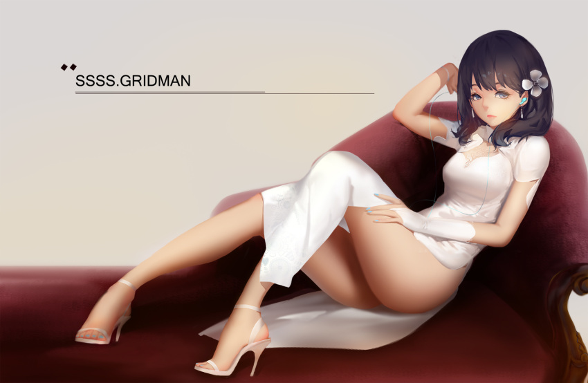 1girl alternate_costume bangs bare_legs black_hair blackrabbitsoul blue_eyes blue_nails breasts bridal_gauntlets chaise_longue closed_mouth commentary_request copyright_name dress earphones earrings expressionless flower from_side full_body grey_background hair_flower hair_ornament hand_on_own_thigh high_heels highres jewelry knees_up leaning_back long_hair looking_at_viewer looking_to_the_side medium_breasts nail_polish pelvic_curtain short_sleeves simple_background sitting solo ssss.gridman takarada_rikka thighs toenail_polish white_dress white_footwear wristband