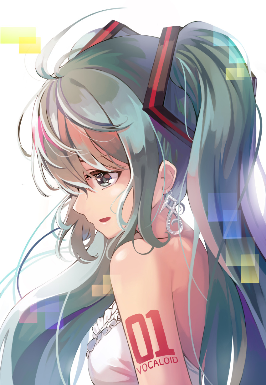 1girl :d absurdres antenna_hair bangs bare_shoulders blue_eyes blue_hair breasts copyright_name earrings eyebrows_visible_through_hair frills from_side hair_ornament hatsune_miku highres jewelry kimyo long_hair looking_away looking_down medium_breasts number_tattoo open_mouth profile shoulder_tattoo sideways_mouth simple_background smile solo tattoo twintails upper_body very_long_hair vocaloid white_background