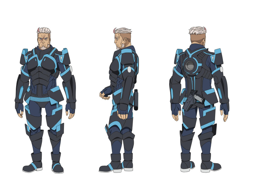 1boy armor ass beard black_bodysuit black_footwear blue_bodysuit blue_gloves bodysuit character_sheet egao_no_daika facial_hair fingernails from_behind from_side frown full_body gale_owens gloves grey_footwear grey_hair gun gun_request hand_up highres kneepits looking_at_viewer male_focus multicolored_hair multiple_views muscle nakamura_naoto official_art open_hands pilot_suit pink_hair profile scar shoulder_pads simple_background standing streaked_hair two-tone_hair violet_eyes weapon white_background
