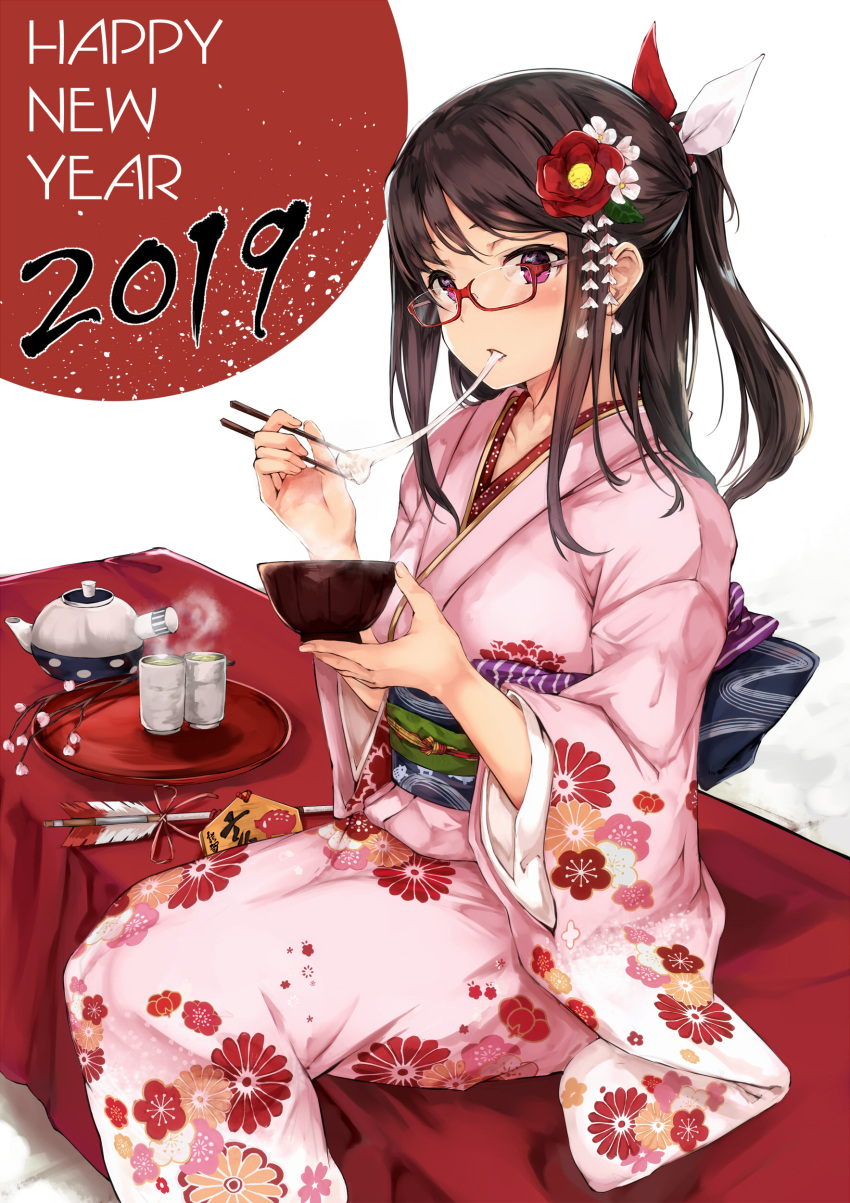 1girl 2019 absurdres arrow bangs bowl brown_hair chinese_zodiac chopsticks commentary_request cup eating ema floral_print flower hair_flower hair_ornament hair_ribbon hamaya hand_up happy_new_year highres holding holding_bowl holding_chopsticks japanese_clothes kanzashi kikumon kimono long_hair long_sleeves looking_at_viewer maki_(maki_pei) new_year obi one_side_up original pink_kimono print_kimono red_flower ribbon sash sidelocks sitting solo steam swept_bangs teapot translated tray violet_eyes white_flower wide_sleeves year_of_the_pig