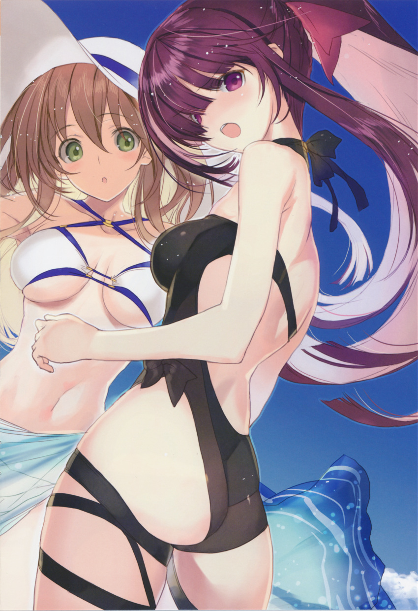 2girls :o absurdres ass bangs bare_arms bare_shoulders bikini black_swimsuit blonde_hair blush bow breasts brown_hair collarbone day eyebrows_visible_through_hair girls_frontline green_eyes hair_bow halterneck hat highres large_breasts long_hair looking_at_viewer looking_back m1903_springfield_(girls_frontline) medium_breasts multiple_girls nakamura_takeshi navel one-piece_swimsuit open_mouth outdoors ponytail purple_hair sarong scan shiny shiny_hair shiny_skin sidelocks sky sun_hat swimsuit thigh_strap thighs violet_eyes wa2000_(girls_frontline) white_swimsuit