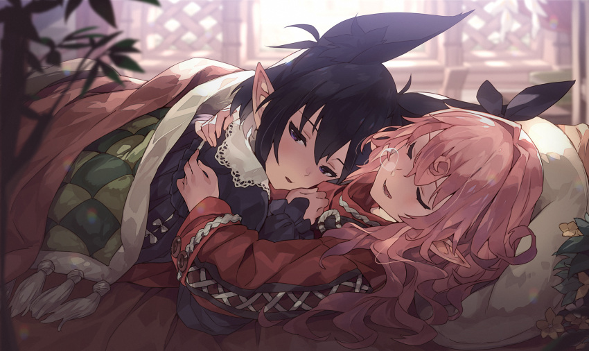 2girls =_= animal_ear_fluff animal_ears backlighting bangs bed black_hair black_ribbon black_shirt blanket blurry blurry_foreground blush checkered closed_eyes collared_shirt commentary_request day depth_of_field frilled_sleeves frills hair_between_eyes hair_intakes hair_ribbon half-closed_eyes highres hug indoors lace_trim light long_hair long_sleeves lying multiple_girls narumi_arata nose_bubble on_back on_bed original parted_lips pillow pink_hair plant pointy_ears red_shirt ribbon shirt short_hair sidelocks sleeping sleeves_past_wrists teeth violet_eyes wavy_hair window