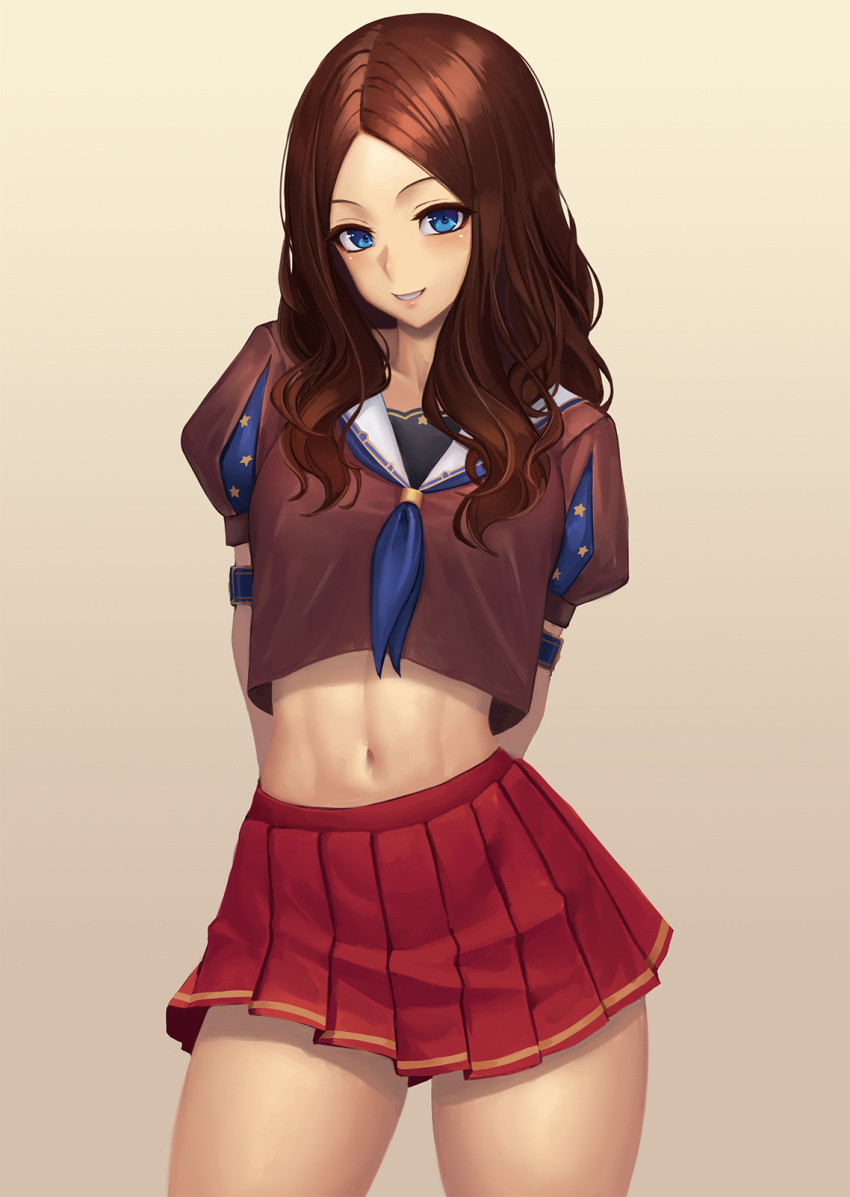 1girl adapted_costume armband arms_behind_back bangs blue_eyes blue_neckwear brown_background brown_hair brown_shirt commentary contrapposto crop_top crop_top_overhang fate/grand_order fate_(series) gradient gradient_background grin highres legs_apart leonardo_da_vinci_(fate/grand_order) long_hair looking_at_viewer medium_skirt midriff navel neckerchief parted_bangs pleated_skirt puff_and_slash_sleeves puffy_short_sleeves puffy_sleeves ranma_(kamenrideroz) red_skirt school_uniform serafuku shiny shiny_hair shirt short_sleeves sidelocks skirt smile solo standing star stomach wavy_hair