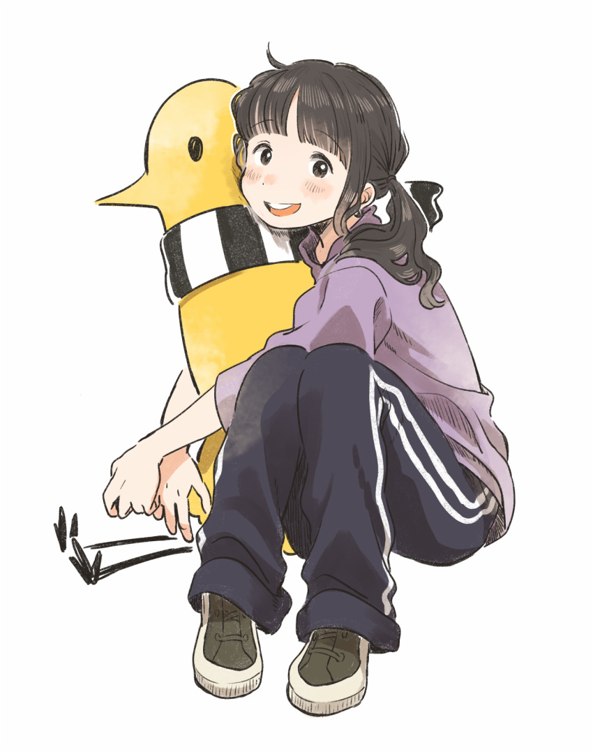 1girl :d ahoge bangs bird black_hair black_pants blush character_request chick commentary highres kana_(okitasougo222) knees_up long_sleeves looking_at_viewer object_hug onodera_punpun open_mouth oyasumi_punpun pants purple_shirt real_life scarf shirt shoes sidelocks simple_background sitting smile sneakers solo striped striped_scarf track_pants twintails white_background