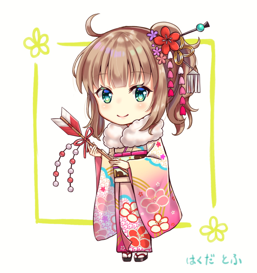Safebooru - 1girl ahoge arrow bangs black footwear blush brown hair brown  kimono character request chibi closed mouth commentary request eyebrows  visible through hair floral print flower fur collar gradient gradient kimono