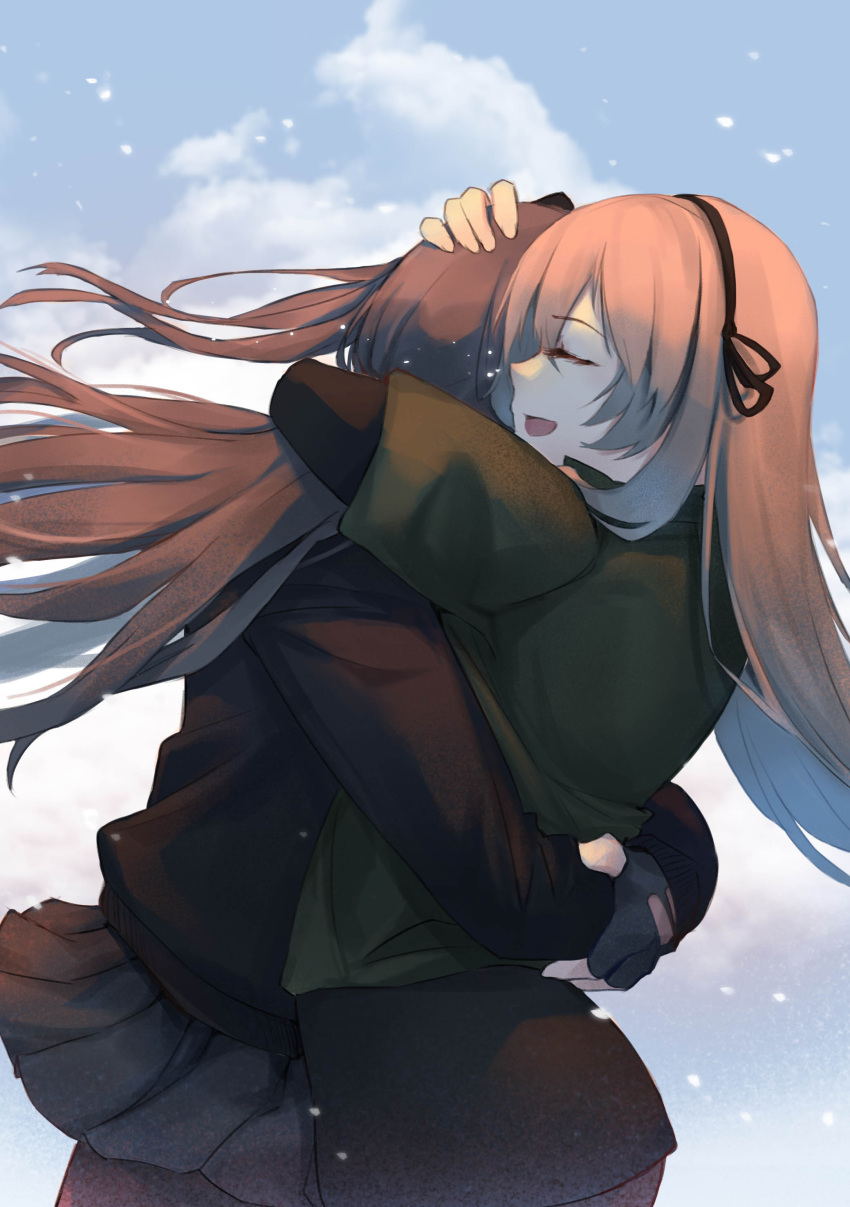 2girls absurdres brown_hair closed_eyes clouds commentary covered_face cowboy_shot crying english_commentary eyebrows eyebrows_visible_through_hair eyes_visible_through_hair fingerless_gloves fingernails flying_teardrops girls_frontline gloves grey_hair hairband head_hug highres hug ina_(inadiary) jacket long_hair multiple_girls pantyhose pleated_skirt simple_background skirt sky smile snow teardrop tears ump40_(girls_frontline) ump45_(girls_frontline)