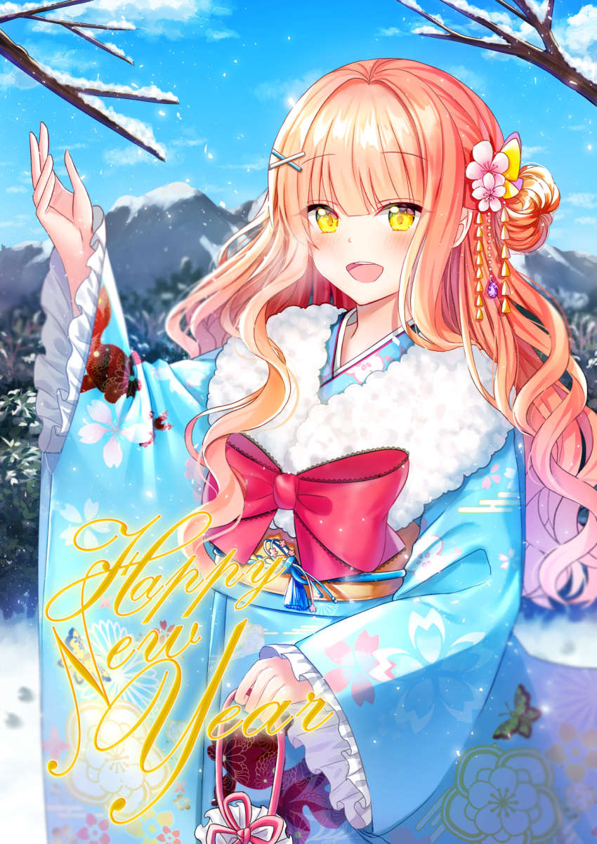 1girl :d animal_print arm_up bangs blue_kimono blue_sky blush bow butterfly_print clouds commentary_request day eyebrows_visible_through_hair floral_print flower fur_collar hair_bun hair_flower hair_ornament hairclip happy_new_year highres holding japanese_clothes kimono light_brown_hair long_hair long_sleeves looking_at_viewer mamel_27 nengajou new_year obi open_mouth original outdoors pink_flower print_kimono red_bow sash side_bun sky sleeves_past_wrists smile snow solo tree_branch upper_teeth very_long_hair wide_sleeves x_hair_ornament yellow_eyes