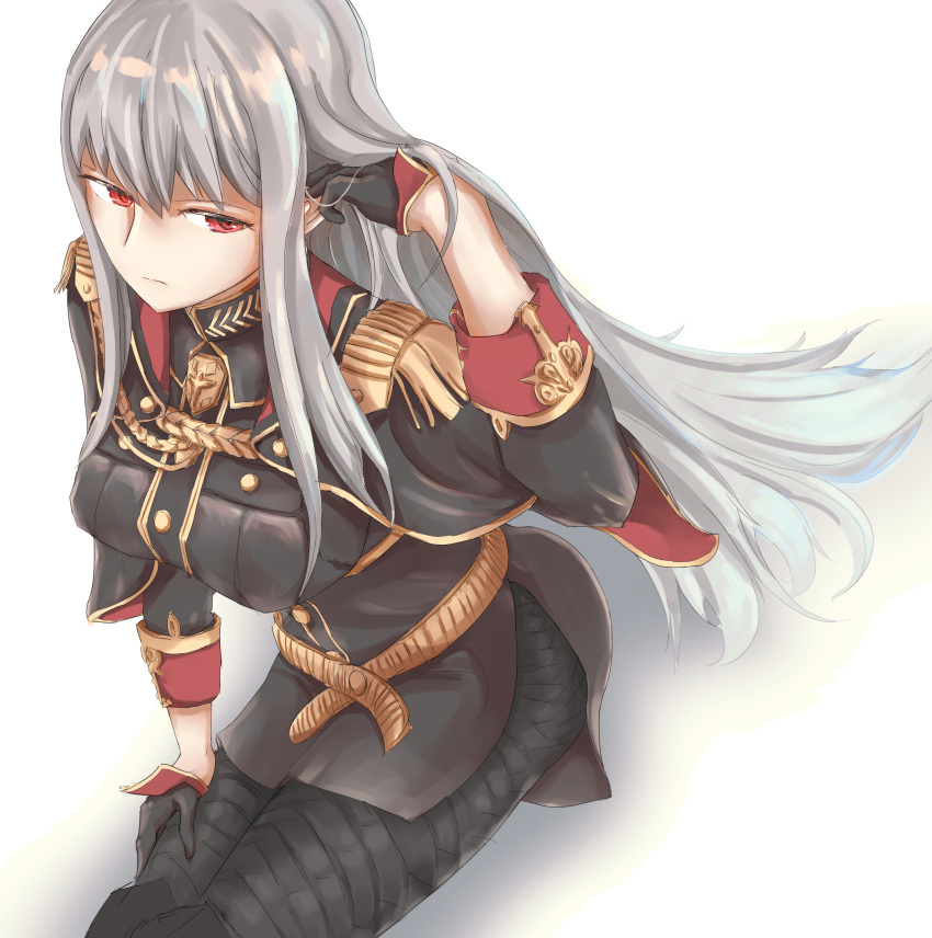 1girl adjusting_hair aiguillette bangs binaray black_gloves boots breasts closed_mouth commentary_request gloves highres large_breasts legs_together long_hair military military_uniform pantyhose red_eyes selvaria_bles senjou_no_valkyria senjou_no_valkyria_1 silver_hair sitting thigh-highs thigh_boots uniform very_long_hair