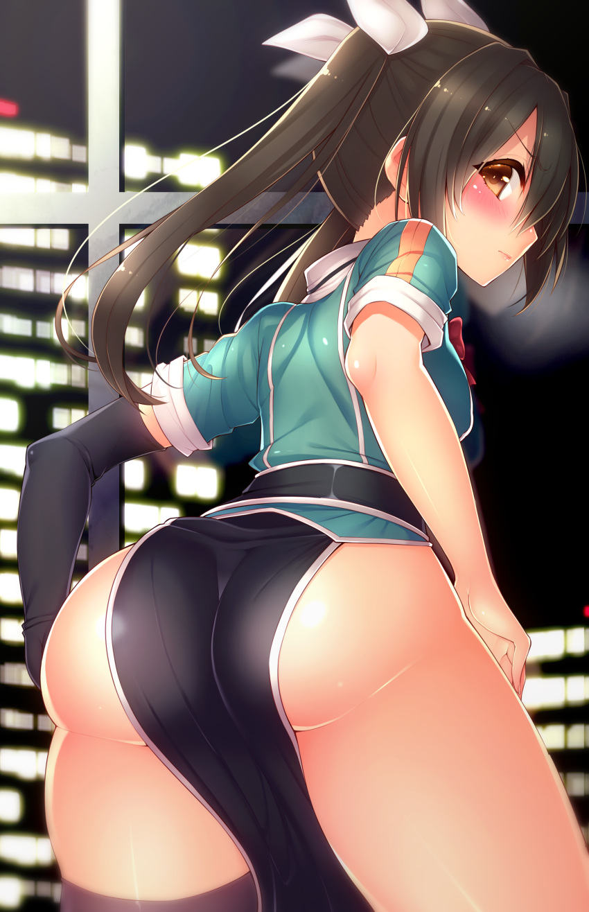 1girl absurdres arched_back ass asymmetrical_legwear bare_hips black_gloves black_legwear blush brown_eyes brown_hair building elbow_gloves fanbox_reward gloves hair_between_eyes hair_ribbon highres jacket kantai_collection leaning_forward lights long_hair looking_at_viewer looking_back night night_sky no_panties paid_reward pelvic_curtain reflection remodel_(kantai_collection) ribbon side_slit single_elbow_glove single_thighhigh sky skyscraper solo thigh-highs tone_(kantai_collection) twintails white_ribbon window xayux