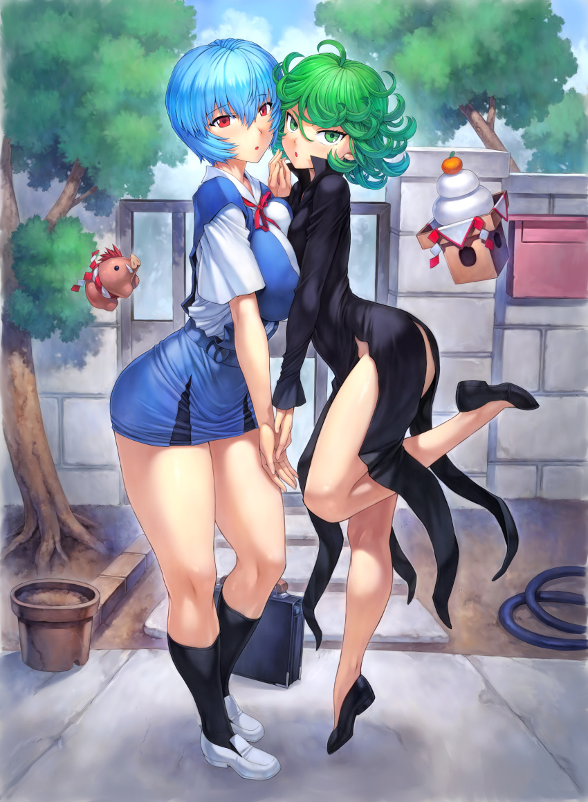 2girls absurdres alternate_breast_size ayanami_rei black_dress blue_hair chestnut_mouth commentary_request curly_hair dress enty_reward fence flipped_hair floating green_eyes green_hair hands_together highres hose loafers mochi mogudan multiple_girls neon_genesis_evangelion new_year one-punch_man paid_reward pig pose pot red_eyes school_uniform shoes short_hair side_slit stone_wall tatsumaki telekinesis tree wall