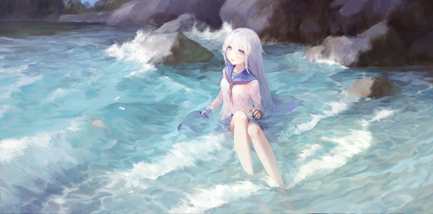 1girl blue_skirt blush day hat hibiki_(kantai_collection) holding holding_hat kantai_collection long_hair long_sleeves muike neckerchief open_mouth outdoors rock sailor_collar shirt silver_hair sitting skirt solo very_long_hair violet_eyes water waves wet wet_clothes white_shirt