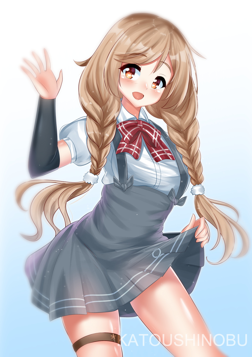 1girl blush bow bowtie braid brown_eyes eyebrows_visible_through_hair gradient gradient_background highres kantai_collection katou_shinobu kneehighs lifted_by_self light_brown_hair long_hair looking_at_viewer minegumo_(kantai_collection) open_mouth plaid_neckwear pleated_skirt red_neckwear shirt short_sleeves skirt skirt_lift solo suspender_skirt suspenders twin_braids twintails white_shirt